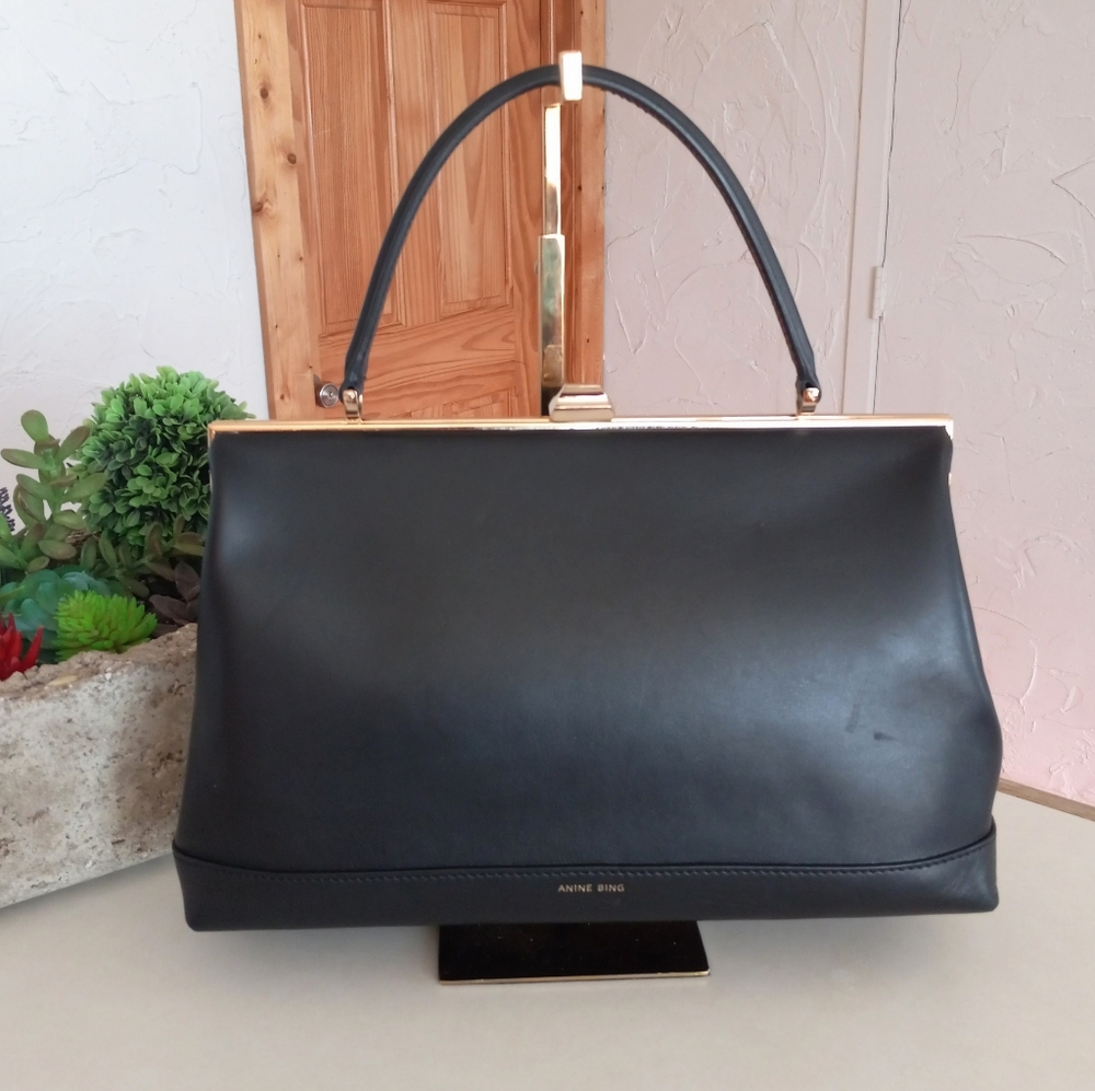 Anine Bing Elly Gold Frame Satchel Bag, Black Leather - Picture 11 of 16